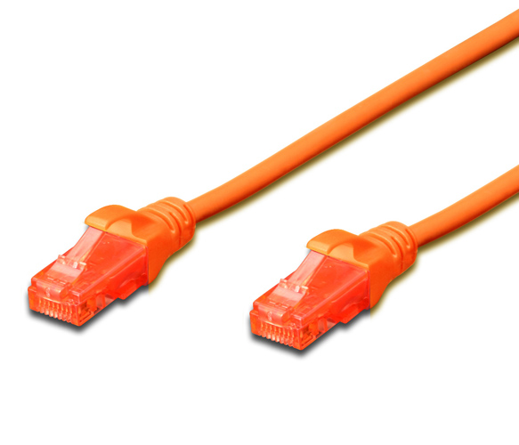 Bright orange 5-meter Cat.6 UTP patch cable with clear plastic connectors on both ends, designed for high-speed network connections.