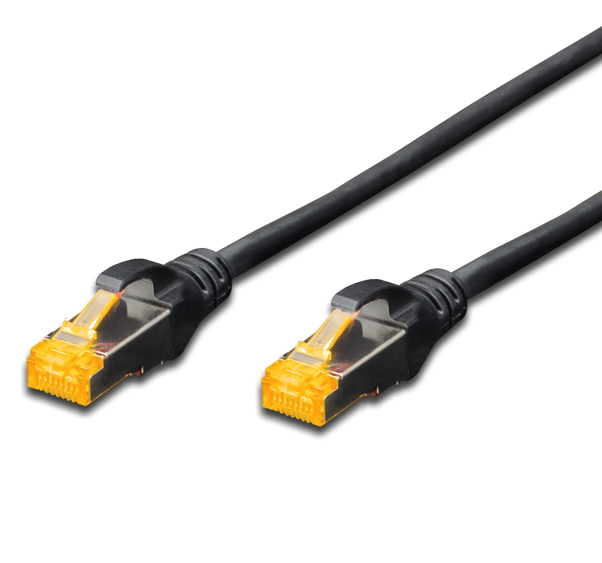Black 5M CAT.6a 10Gb S-FTP LSZH patch cable featuring two yellow-tipped connectors, designed for high-speed data transmission.
