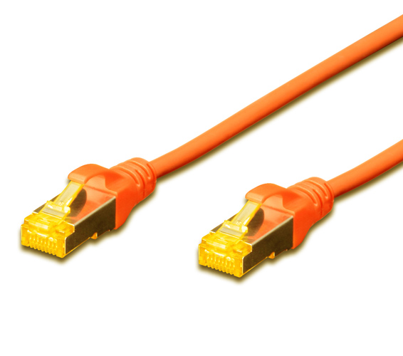 FDL 5M CAT.6a 10Gb S-FTP LSZH patch cable in bright orange with gold-plated connectors, designed for high-speed data transmission and low smoke, zero halogen material.