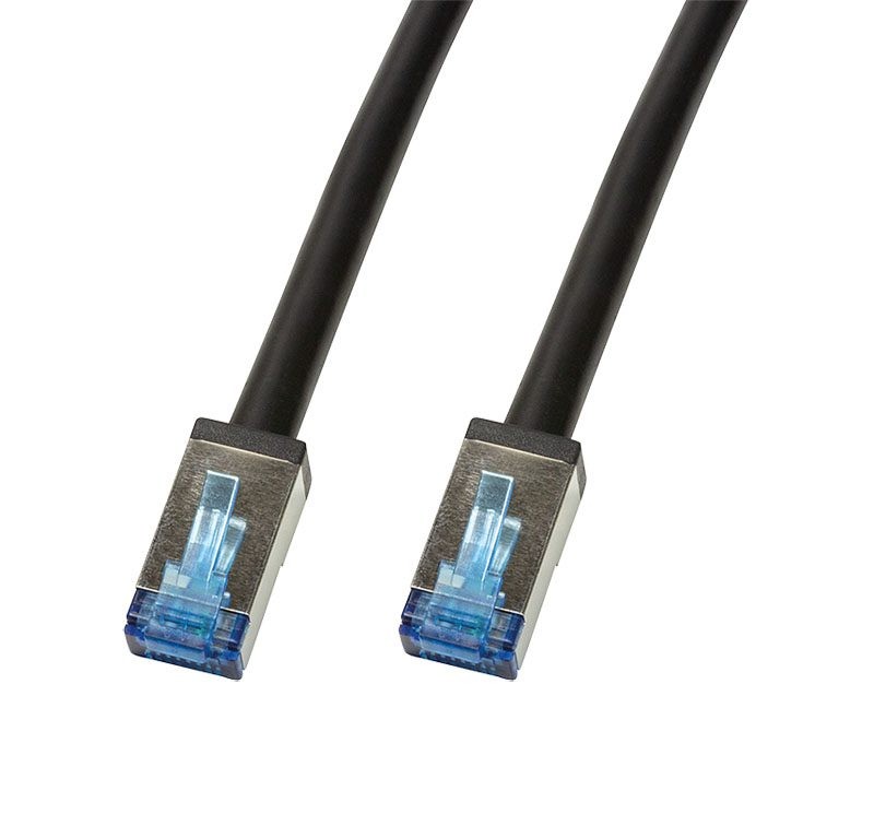Black 5m Cat. 6a S/FTP PIMF patch cable with silver connectors and blue clips, designed for external use, ensuring high-speed data transmission.