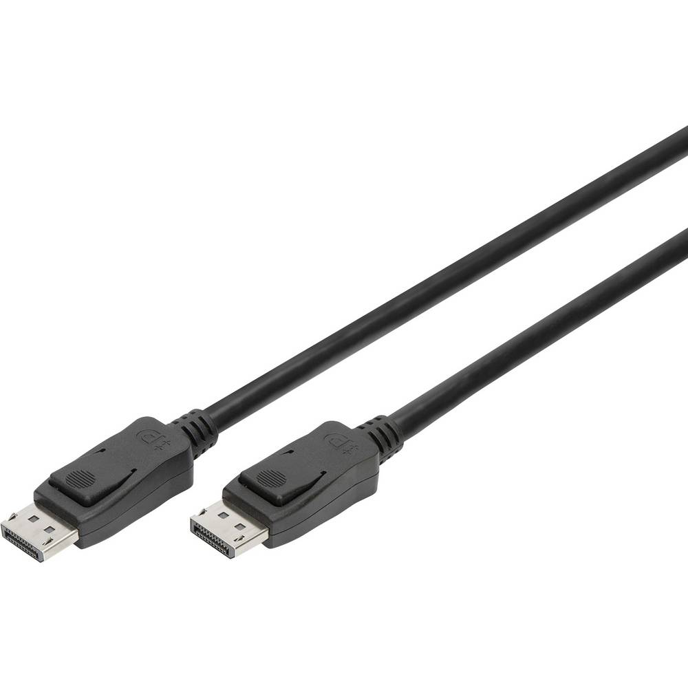 Black DisplayPort cable, 5 meters long, featuring double shielding and sturdy connectors at both ends for secure connections.