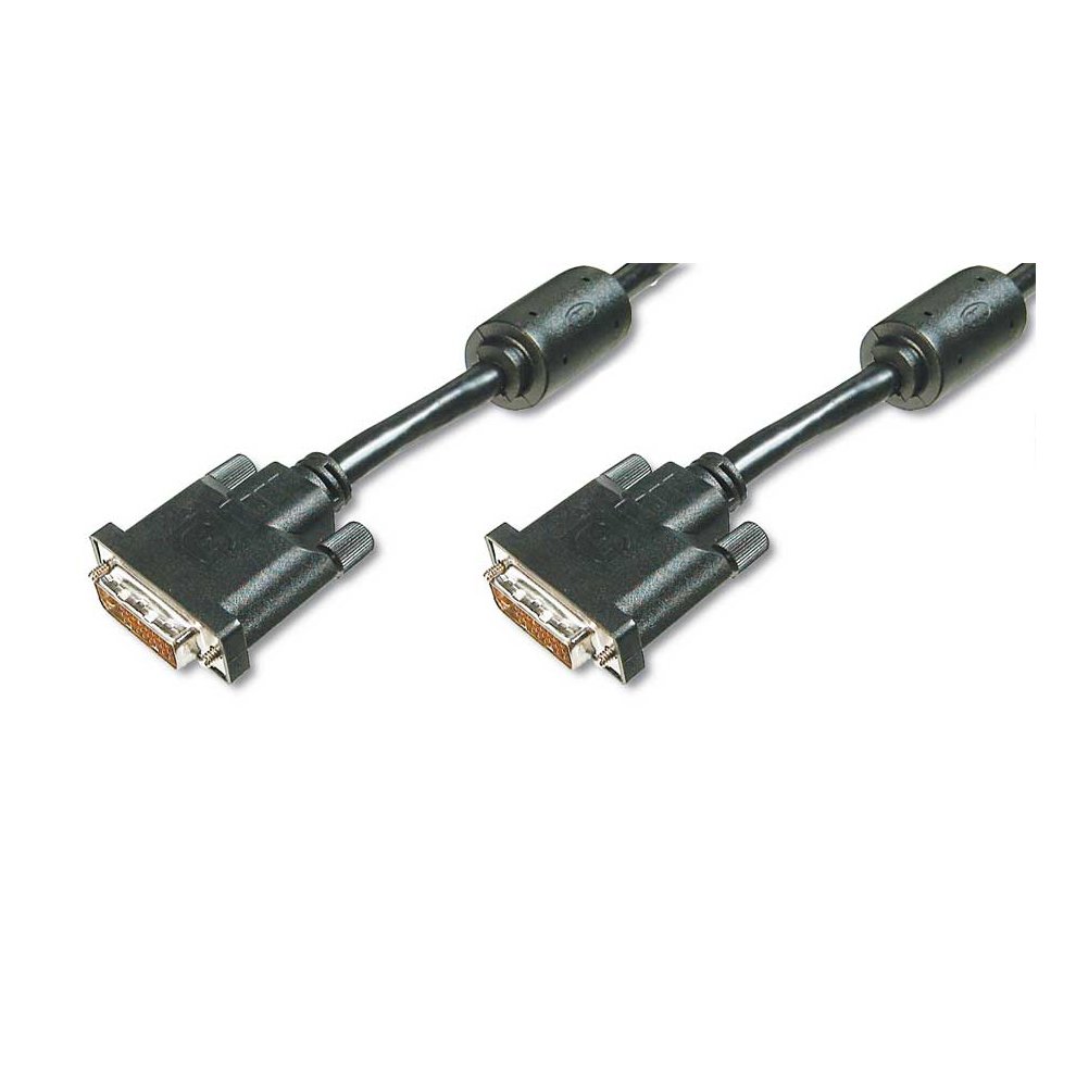 Black 5-meter DVI-I 24+5 dual link cable with two DVI connectors, featuring gold-plated pins and a durable plastic casing for secure connections.