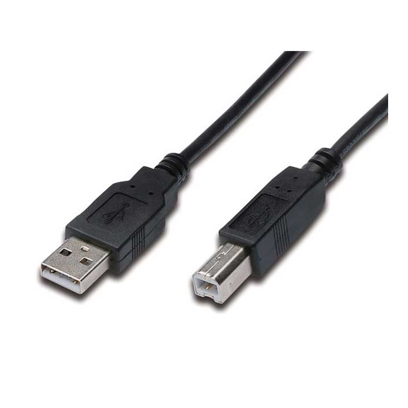 Black 5m USB 2.0 A to B cable featuring a rectangular USB B connector and a flat USB A connector, made of durable plastic with a flexible design for easy connectivity.