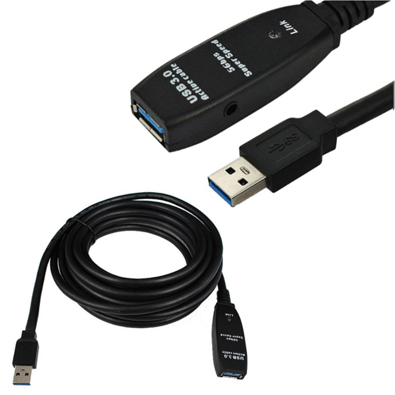 Black 5m USB 3.0 A to A active repeater extension cable, featuring a male connector on one end and a female connector on the other, designed for enhanced data transmission.