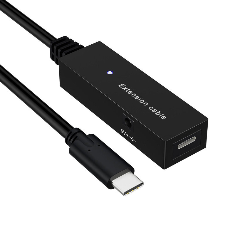 Black USB-C extension cable with a rectangular connector, featuring a blue LED indicator and labeled "Extension cable," designed for USB 3.2, PD, and Alt Mode.