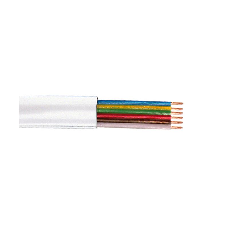 White flat modular telephone cable with six color-coded copper wires visible at one end, measuring 100 meters in length, designed for reliable connectivity.