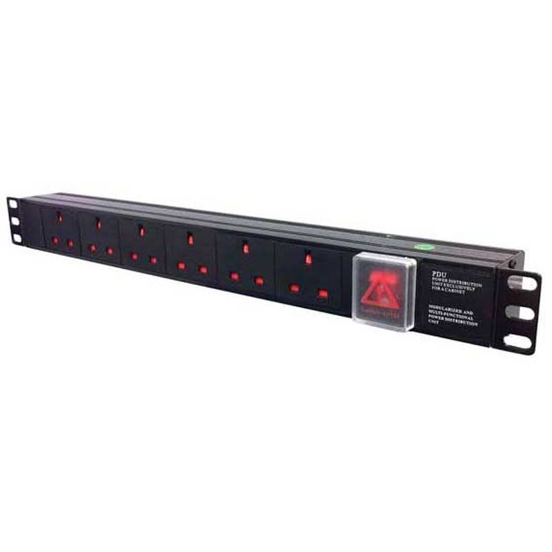 Black 6-way power distribution unit with 13A sockets, a 13A plug, and a surge protector, featuring red indicator lights and a transparent surge protection indicator.