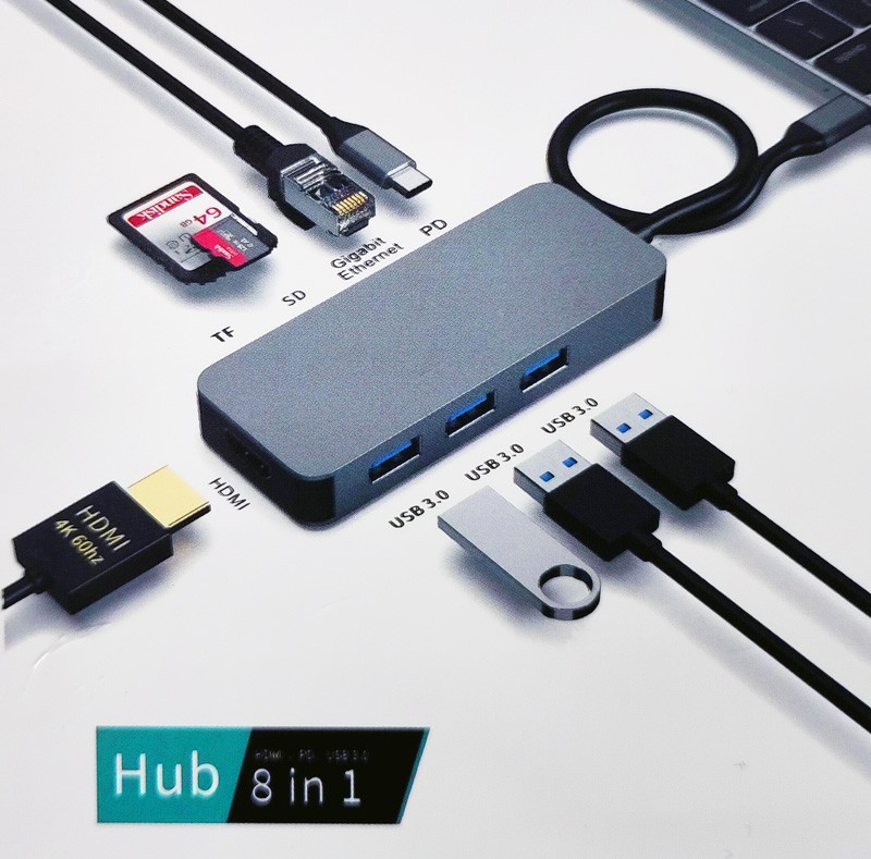 Gray USB-C hub with 4K HDMI, RJ45, three USB-A ports, USB-C PD, and two SD card slots, featuring a sleek design and compact size for versatile connectivity.