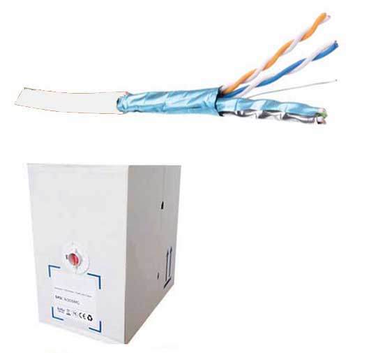 White box containing FDL CAT.6a S-FTP stranded patch cable, with exposed twisted pairs in blue, orange, and green, designed for low smoke zero halogen applications.
