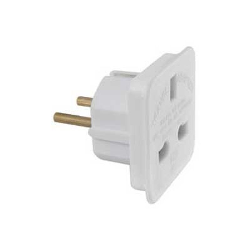 White European mains travel adaptor with two metal prongs and a rectangular body, designed for international plug compatibility.