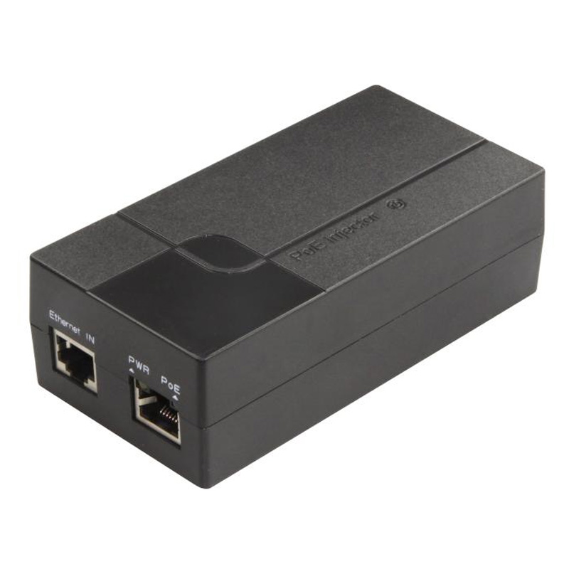 Black rectangular PoE+ injector with two Ethernet ports labeled "EXT IN" and "PWR/POE," featuring a smooth plastic surface and compact design, supporting IEEE 802.3at standard.