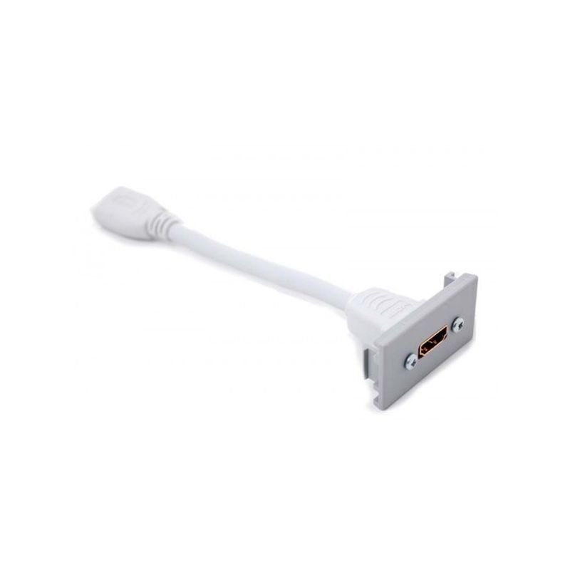 White 50 x 25mm HDMI socket mounted on a panel with a short white fly lead, featuring a standard HDMI connector for easy connectivity.