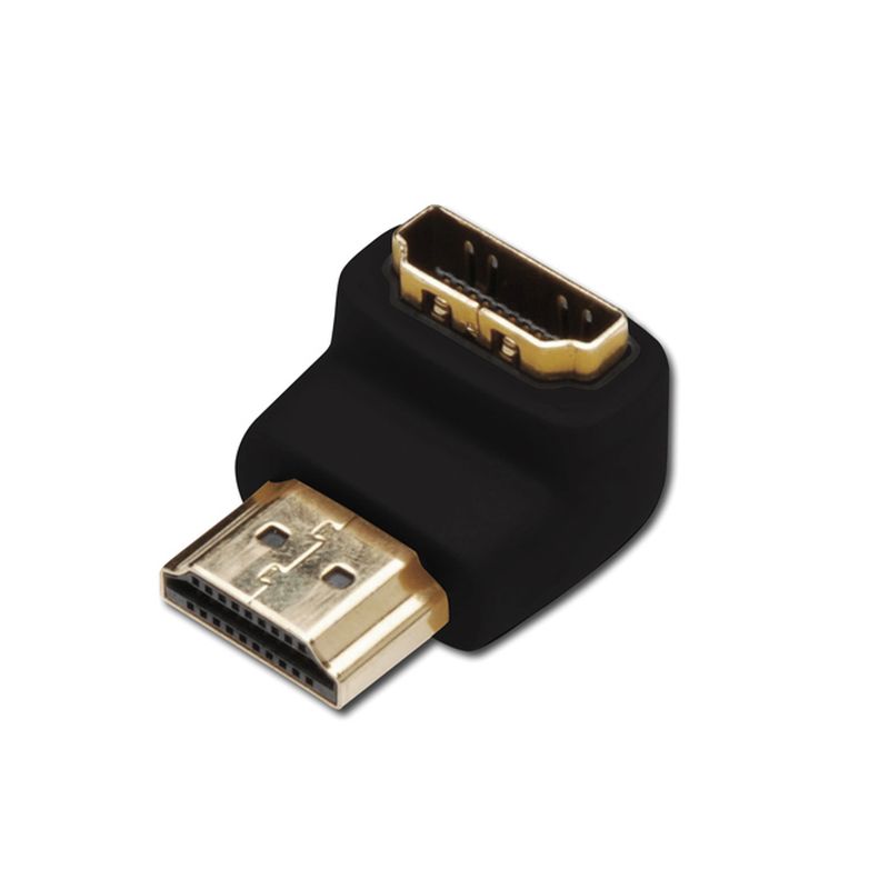 Right-angled HDMI adapter in black plastic, featuring a male connector on one end and a down-facing female port on the other, with gold-plated contacts for optimal connectivity.