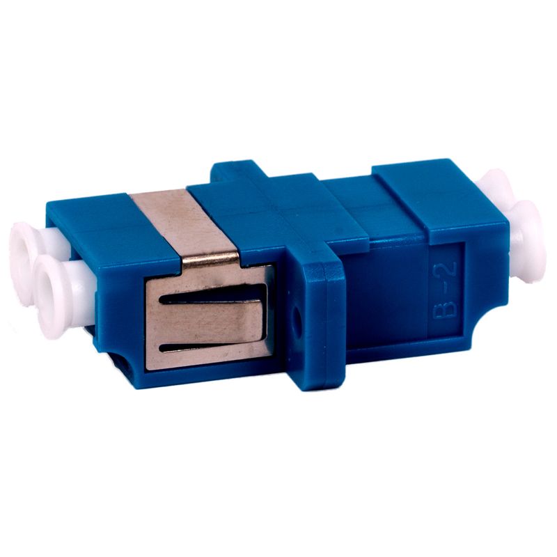 Blue duplex singlemode fibre optic adapter with a rectangular shape, featuring a metal connector and two white ports on either side for fiber connections.