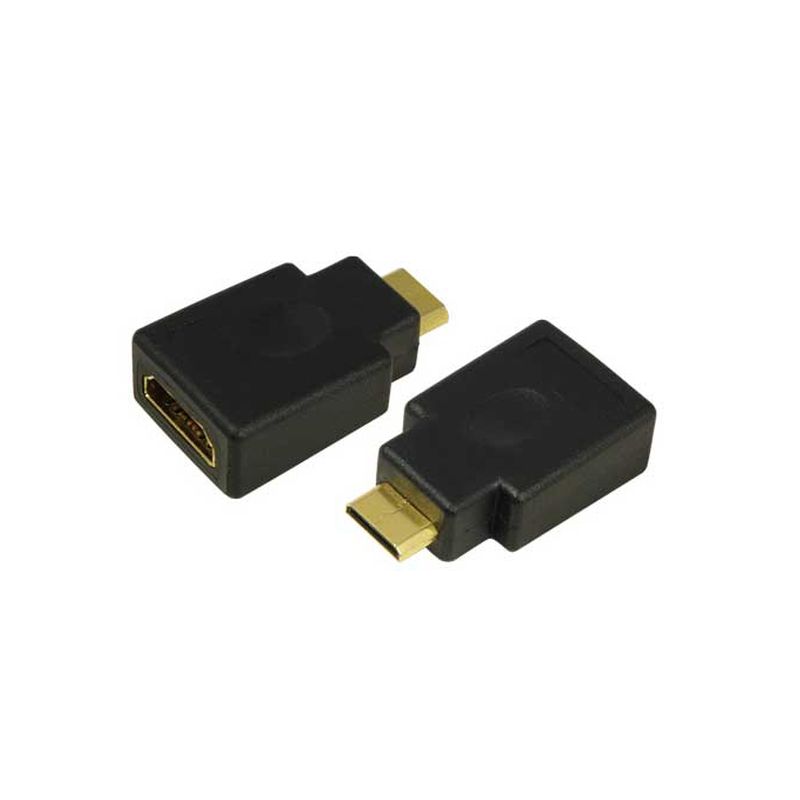 Black FDL mini HDMI C plug to HDMI A socket adapter with gold-plated connectors, featuring a compact design for easy connectivity.