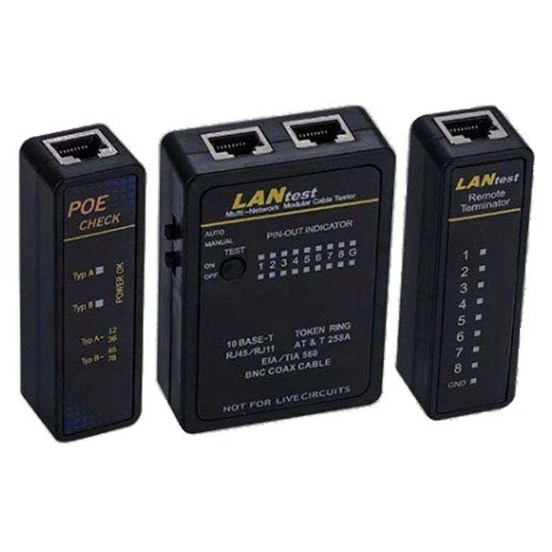 FDL Network Cable Tester set includes a main unit and remote terminator, both in black plastic, featuring LED indicators and Ethernet ports, with a blue PoE module for power checking.