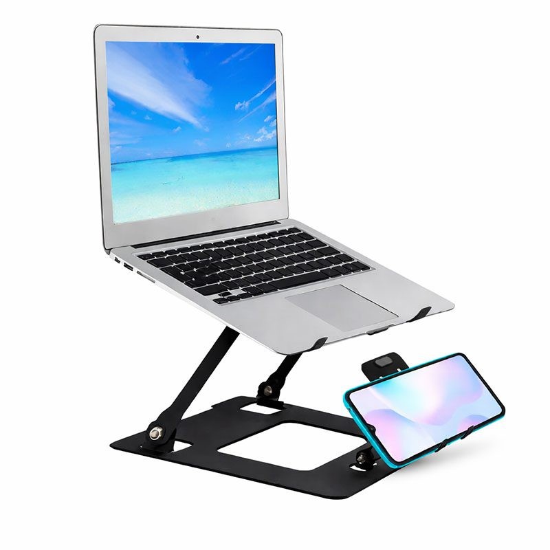 Black adjustable laptop and phone stand with a sleek design, featuring a sturdy base and support arms, holding a silver laptop and a smartphone at an ergonomic angle.