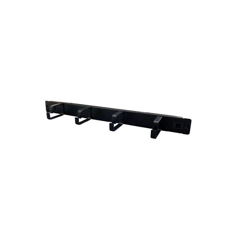 Black 1U cable management bar with four push-fit rings, designed for organizing cables, made of durable material for efficient workspace management.