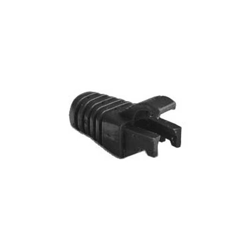 Black RJ45 cable boot with latch protector, featuring ribbed texture for grip, designed to secure and protect RJ45 connectors, sold in a pack of 100 pieces.