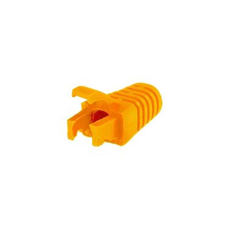 Yellow RJ45 cable boot with latch protector, made of durable plastic, featuring grooves for grip and designed to protect cable connections, sold in a pack of 100 pieces.