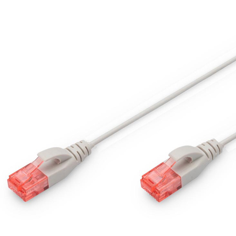 Grey 0.25m Cat.6 UTP patch cable with snagproof design, featuring clear connectors with a red tint on both ends.