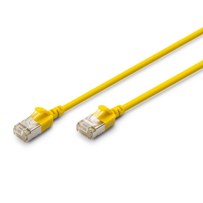 Yellow FDL SLIM 0.25M CAT.6a F-FTP LSZH patch cable with snag-proof connectors on both ends, designed for reliable network connections.