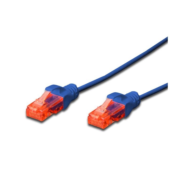 Blue 0.5m Cat. 6 UTP LSZH patch cable with snagproof design, featuring transparent orange connectors on both ends.