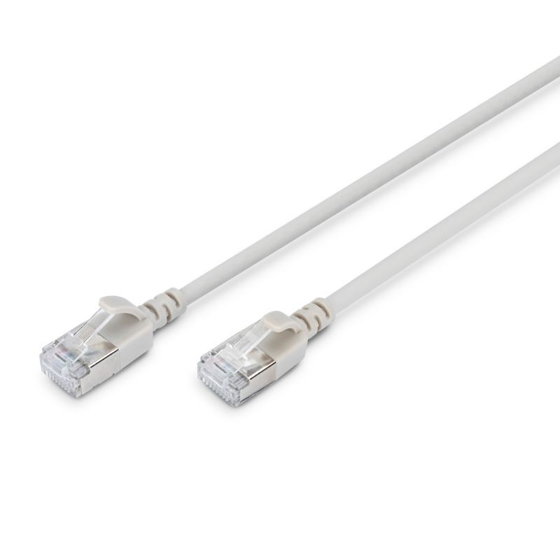 Grey FDL SLIM 1M CAT.6a F-FTP LSZH patch cable with snagproof design, featuring transparent connectors on both ends.