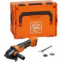 Orange Fein cordless angle grinder with black handle, 115mm disc, and accessories, next to an orange carrying case.