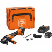 Orange Fein cordless angle grinder with black handle, 115mm disc, battery, charger, and orange carrying case.
