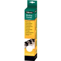Yellow and green Fellowes binding combs box with product image and text details.