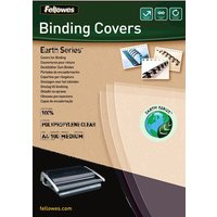 Transparent A4 polypropylene binding covers by Fellowes, pack of 100, with Earth Series eco-friendly label.