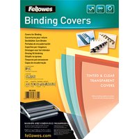 Transparent plastic binding covers by Fellowes, 100 pieces, shown with colorful sheets and binding examples.