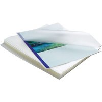Clear Fellowes A3 lamination film sheets, 100 pieces, partially covering a colorful document.