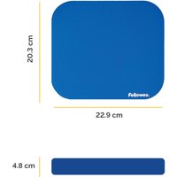 Blue Fellowes 58021 mouse pad with rounded corners and white logo, dimensions 22.9 x 20.3 cm, thickness 4.8 cm.