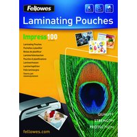Fellowes A4 Glossy 100 Micron Laminating Pouch pack with colorful peacock feather design and laminator image.