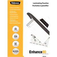 Fellowes A4 Glossy 80 Micron Laminating Pouch, yellow packaging, black and white text, image of laminated document.