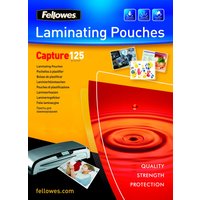 Fellowes A6 Glossy Laminating Pouch pack with vibrant red and blue packaging, 125 micron, 100 sheets.