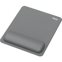 Grey Fellowes mouse pad with ergonomic wrist rest and antibacterial protection.