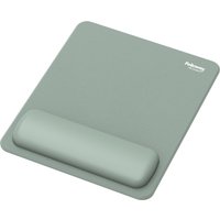 Sage green Fellowes mouse pad with ergonomic wrist rest and antibacterial protection.