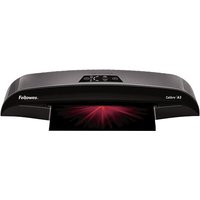Black Fellowes Calibre A3 laminator with sleek design, control panel on top, processing a document.