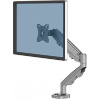 Fellowes Eppa monitor mount, silver adjustable arm, supports 40" screens, desk clamp base, VESA compatible.