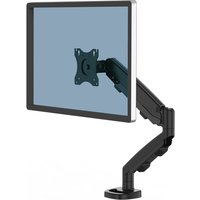 Black Fellowes Eppa monitor mount with adjustable arm and VESA plate for 40" screens, sleek design, desk clamp base.