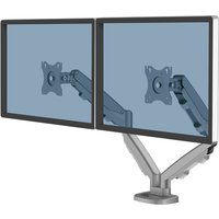 Dual-screen silver monitor mount with adjustable arms and sturdy desk clamp.