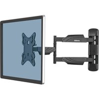 Black Fellowes full motion TV wall mount with adjustable arm and swivel joint, supporting a flat screen.