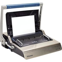 Fellowes Galaxy 500 Comb Binder, metallic gray with blue accents, open with paper and comb binding teeth visible.