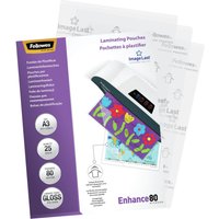 Fellowes ImageLast A3 laminating pouch pack, 80 micron, 25 count, with colorful floral design on packaging.