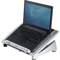 Fellowes adjustable laptop stand, black and silver, with ergonomic design and non-slip surface, holding a laptop.