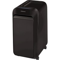 Black Fellowes LX Series paper shredder with micro-cut shredding, sleek design, and caster wheels.