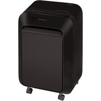Black Fellowes LX211 paper shredder with sleek design, micro-cut shredding, and caster wheels for mobility.